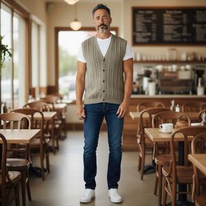 VTG HENRY GRETHEL Sweater Vest Mens XL Knitted Tan Yarn Button Up Grandpa